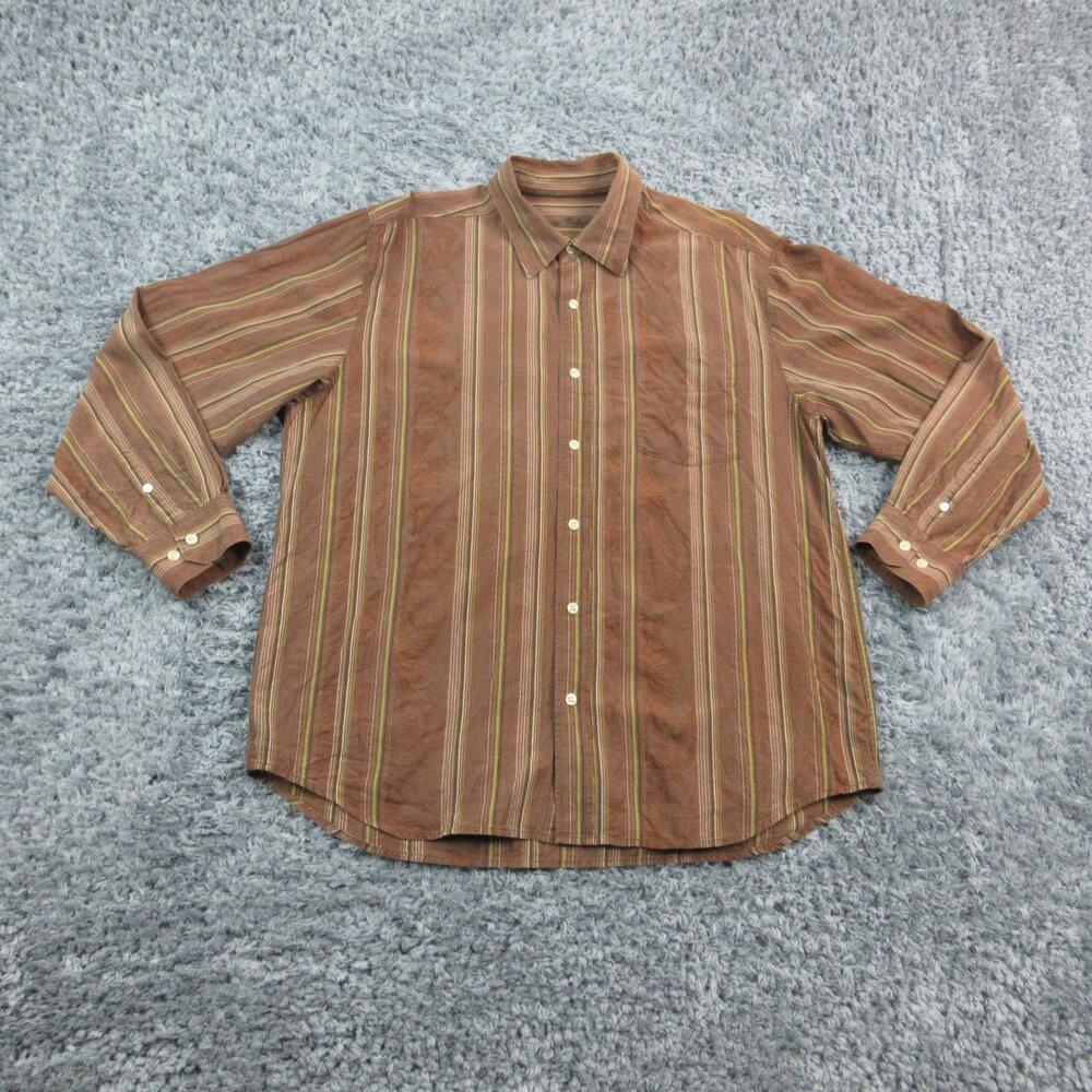 Tommy Bahama Shirt Mens Large Brown Striped Button Up Long Sleeve Pocket Casual